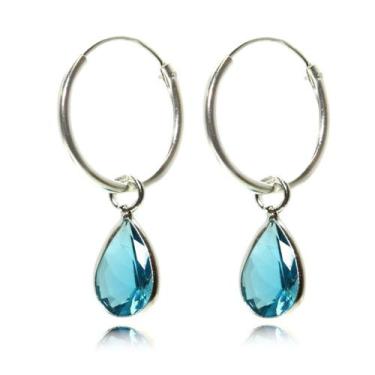 Imagem de Brinco Argola Pingente Gota Zirconia Azul Prata Legitima 925 - Lojas L