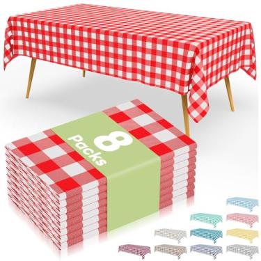 Imagem de Smiry 8 pacotes de toalhas de mesa descartáveis guingão, 137 x 272 cm, toalha de mesa de plástico impermeável, retangular, vermelho e branco, capas de mesa quadriculadas para festa, aniversário