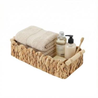 Imagem de Cestas de armazenamento de jacinto de água com borda recortada e alças de madeira – Caixas organizadoras decorativas para banheiro, prateleira sobre vaso sanitário, sala de estar, quarto, mesa de