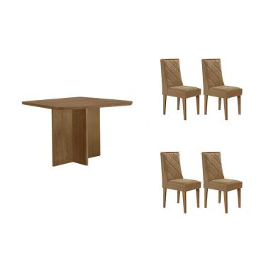 Imagem de Sala Jantar Mesa Berlim Tampo Curvo 90cm+4 Cadeiras Pietá Madeira Naturale - Capuccino/Linho Bege - Rufato