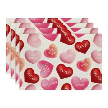 Imagem de Jogo americano de dia dos namorados, conjunto de 4 tapetes de mesa Be Mine Kiss XOXO Love Hearts, decoração de mesa de aniversário sazonal, dia dos namorados, para cozinha, jantar, casa, decoração de