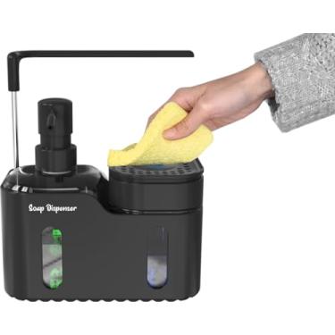 Imagem de Suporte de esponja para pia de cozinha, com dispensador de sabão para as mãos e detergente - Adequado para organização de bancada de cozinha (preto-1)