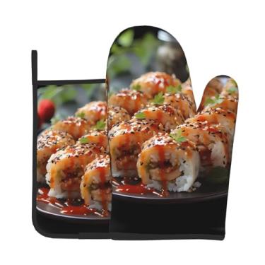Imagem de Conjunto de 2 peças de luvas de forno com estampa de sushi fresco e tentador, adequado para cozinhar, assar e grelhar ao ar livre