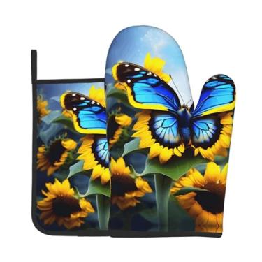 Imagem de Conjunto de 2 peças de luvas de forno com estampa de borboleta azul girassol adequado para cozinhar, assar e grelhar ao ar livre