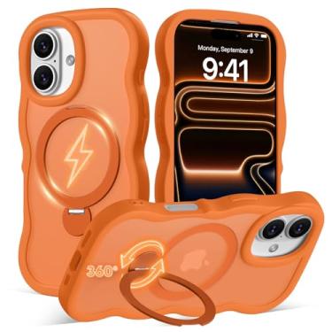 Imagem de Amzfield Capa para iPhone 16 Plus com suporte magnético giratório de 360° [compatível com MagSafe] linda moldura ondulada translúcida fosca rígida traseira de silicone à prova de choque com suporte de