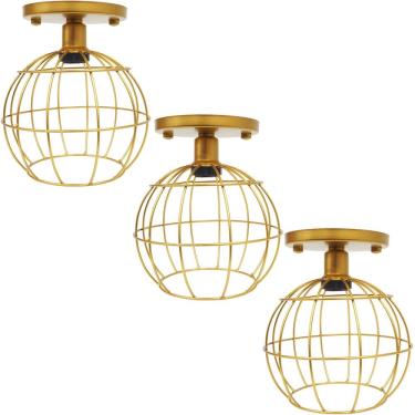 Imagem de 3 Lustres Teto Plafon Industrial Aramado Globo Retrô Luminária Sobrepor Vintage Dourado Agp Ilumini