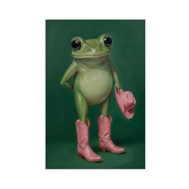 Imagem de Pôster de lona de sapo de caubói, pôster de animal de botas de vaqueira rosa, arte de parede verde temperamental para sala de estar, decoração de parede de quarto sem moldura (30,5 x 45,7 cm)