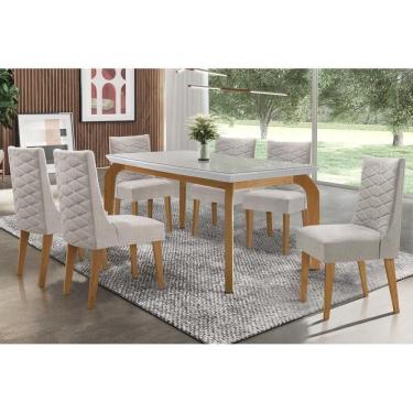 Imagem de Conjunto Mesa De Cozinha Londrina Tampo Madeirado Com Vidro 180x90cm E 6 Cadeiras Dafne Capuccino Suede Creme Rufato