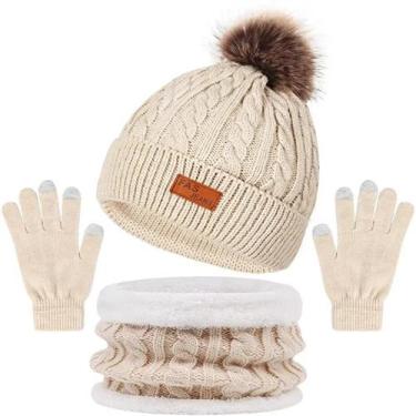 Imagem de Conjunto de Inverno Feminino: Chapéu, Cachecol e Luvas com Bola de Pel