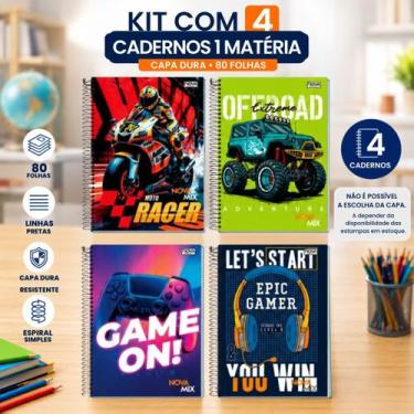Imagem de Kit Com 4 Cadernos Escolar 1 Matéria Capa Dura Masculino - Nova Mix