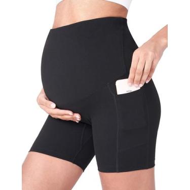 Imagem de Shorts de Yoga Maternidade POSHDIVAH 13cm com Bolsos Preto