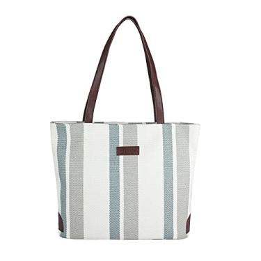Imagem de Bolsa feminina de lona bolsa casual grande capacidade moda simples listrada bolsa de ombro Commuter bag, Azul