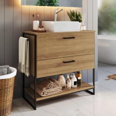 Imagem de Gabinete Para Banheiro 80cm P1028 Mel C/cuba Ametista Branca Preto Mel