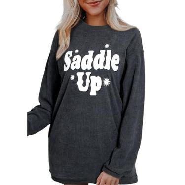 Imagem de Dokotoo Moletom feminino de veludo cotelê com gola redonda, manga comprida, casual, pulôver, Cinza, G