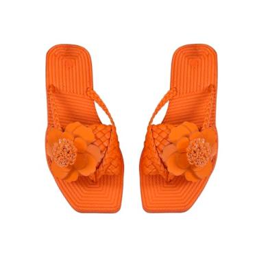Imagem de OYOANGLE Sandália feminina Boho floral decorativa quadrada aberta dedo do pé trançado sandália de dedo do pé aberto, Laranja, 40
