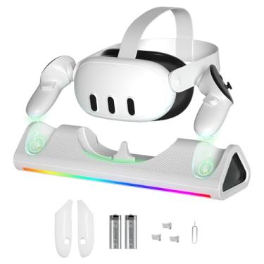 Imagem de Base de carregamento para Meta Quest 3, correia de cabeça VR e carregamento magnético de dois controladores, com 2 baterias recarregáveis ​​de 1800mAh, cabo USB-C, luzes LED coloridas.