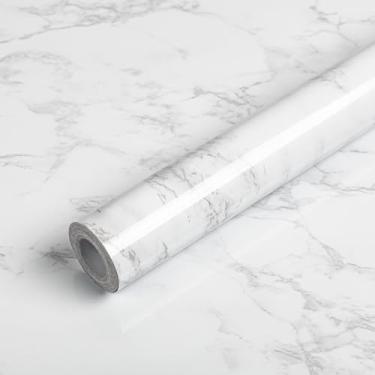 Imagem de Papel de contato de mármore granito 39.9 cm x 599.4 cm para bancada, cinza/branco, papel de parede branco brilhante, removível, autoadesivo, papel de parede de mármore, papel de parede de cozinha,