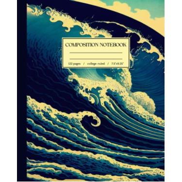 Imagem de Caderno de composição pautado na faculdade: ilustração vintage de ondas do oceano | Diário de arte japonesa para escola, escritório, trabalho | Estética náutica
