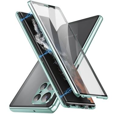Imagem de TEETSY Capa magnética para Samsung Galaxy S24 Ultra/S24 Plus/S24 Plus/S24 Capa de telefone de vidro temperado transparente dupla face com protetor de câmera à prova de choque de alumínio com trava de