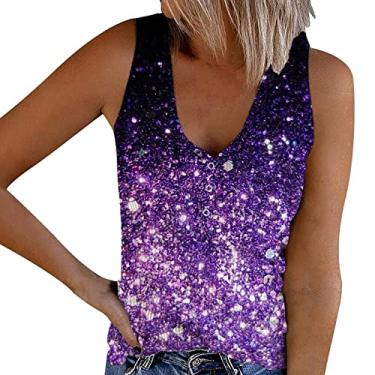 Imagem de Regatas femininas de malha canelada camiseta floral sem mangas gola V camiseta casual verão roupas abotoadas camiseta colete, Roxo 2, M