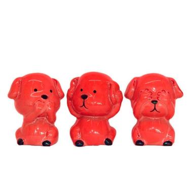 Imagem de Trio de Cachorrinhos Sábios - Cego Surdo Mudo Cerâmica Vermelho
