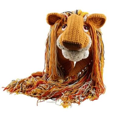 Imagem de OMLAMP Y2k Gorro feminino de crochê de leão, gorro feito à mão, gorro de tricô masculino grunge quente borlas tricotadas, Cabeça de leão, tamanho �nico