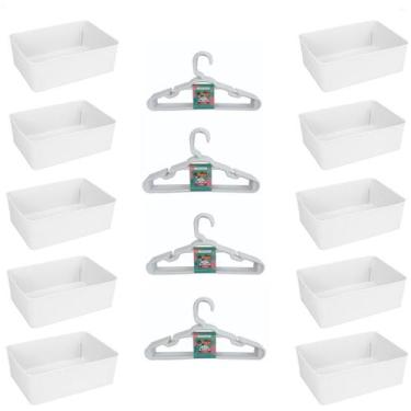 Imagem de Kit 10 Cestos Multiuso Decorativo e 20 Cabides Infantis Branco - 123 O