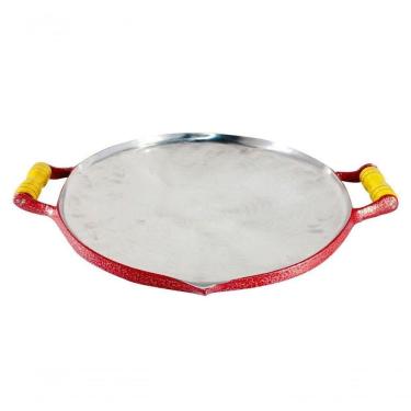 Imagem de Chapa Disco Arado Alumínio Craqueada Alça Madeira Vermelho