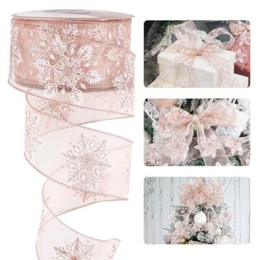 Imagem de HUIHUANG Fita com fio de floco de neve fita de floco de neve com glitter ouro rosa para árvore de Natal, fita de Natal de 6,8 cm x 25 metros para decoração de árvores, fabricação de laços, guirlanda, embrulho de presente, artesanato