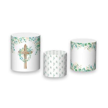 Imagem de Trio de Capas de Cilindro - Batizado Com Folhagens Aquarela 003 - Via 