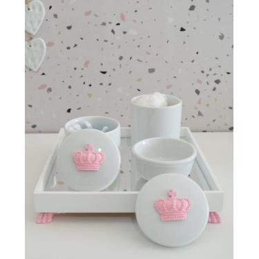 Imagem de Kit Higiene K049 Bandeja MDF Porcelanas Apliques Rosa Quarto Bebê - Ci