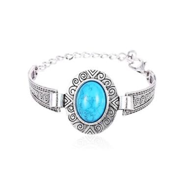 Imagem de ZIVEMOT Pulseira turquesa vintage estilo nacional ocidental pulseira turquesa prata joia ocidental para mulheres (MYZU-5-elíptico), one size, Liga metálica, turquesa sintética