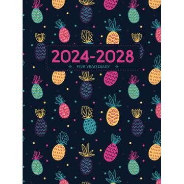 Imagem de 5 Year Diary 2024-2028 | A4 Funky Pineapples (hardcover): Month to View Planner with UK Holidays, Moon Phases, Birthdays & Celebrations, Contacts, Passwords (Five Years)