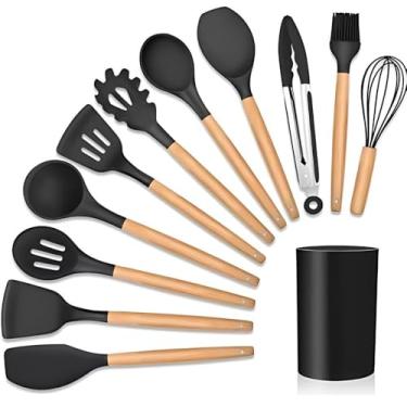 Imagem de Kit 12 Utensílios de Cozinha em Silicone com Cabos de Madeira, Antiaderente, Resistente ao Calor e Completo (Preto)