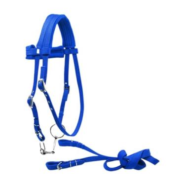 Imagem de rockible Freio de cavalo com rédeas, corda de equitação, sela sintética, resistente, tração lateral, equipamento equestre, L Blue