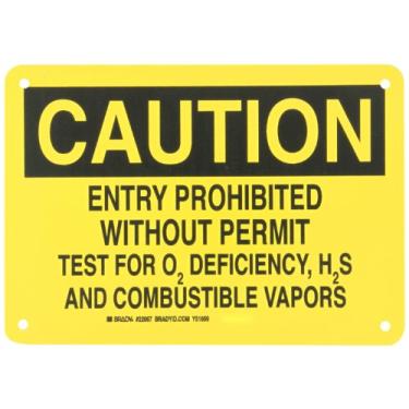 Imagem de Brady Placa de admissão de plástico 22067, 17,8 cm x 25,4 cm, legenda "Entrada proibida sem teste de permissão para deficiência de O2, H2S e vapores combustíveis"