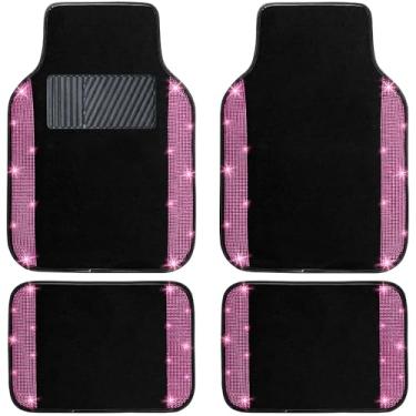 Imagem de NBTEPEM Conjunto completo de tapetes de carro rosa brilhante, ajuste universal para a maioria dos carros, SUV, caminhões, 4 peças de tapete brilhante de diamante para mulheres e meninas com almofada antiderrapante (diamante rosa)