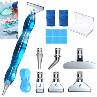 Imagem de Kit de canetas de pintura de diamante com pontas de metal prateadas, 6 pontas de aço inoxidável, 1 suporte de caneta, 6 argilas, 2 mangas para dedos, ferramentas de pintura de diamante 5D para artesanato "faça você mesmo", aderência confortável, perfuração mais rápida