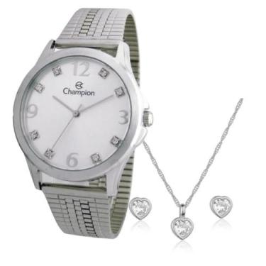 Imagem de Relogio champion feminino medio prateado + kit semi joia cn21265q