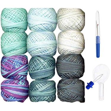 Imagem de Valdani Fio dental bordado 3 fios algodão 12 bolas tingidas à mão coleção dois em água (3SF-TwoWater) com estripador de costura e enfiador de agulha