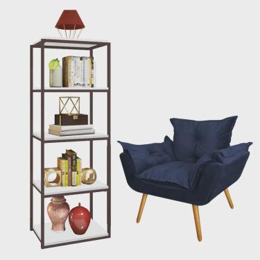 Imagem de Kit Poltrona Fatte com Estante Livreiro Ferro Marrom mdf Branco Suede Azul Marinho - Ahazzo Móveis