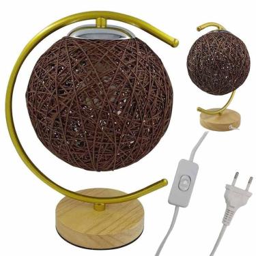 Imagem de Luminaria Abajur Cupula Meia Lua Bola Barbante Base Madeira Rustico Decoraçao Mesa Quarto Sala Escritorio Iluminaçao