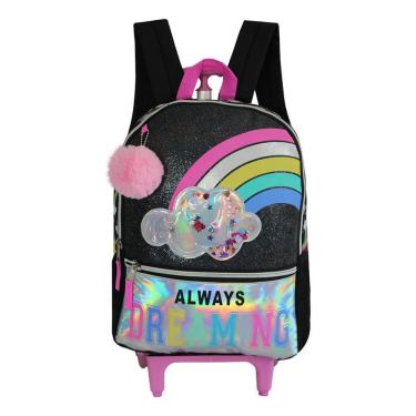 Imagem de Mochila Escolar De Rodas Preta Arco Íris Infantil Feminina