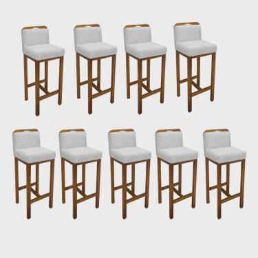 Imagem de Kit 09 Banqueta Alta Com Encosto Simon Cozinha Balcão Bistrô Base Madeira Rústico Corino Branco - Ahz Móveis