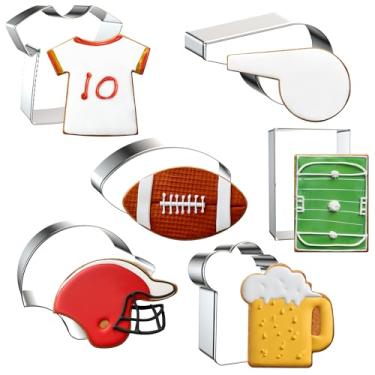 Imagem de FUSOTO Conjunto de cortadores de biscoito de futebol, 6 peças, cortadores de biscoito de 7,6 cm, formas de futebol para assar, futebol, jérsei, apito, capacete, caneca de cerveja, cortadores de