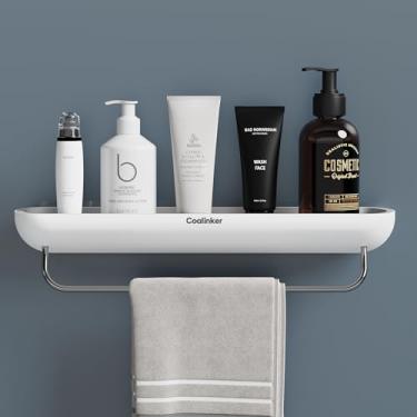 Imagem de Coalinker Prateleira de chuveiro com barra de toalha - organizadores de banheiro modernos autoadesivos fortes - suporte para suporte de parede - sem perfuração plástico à prova de ferrugem acrílico