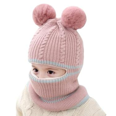 Imagem de Cachecol para crianças 2 em 1 malha de fibra acrílica chapéu de inverno infantil com orelha esférica à prova de vento cachecol térmico infantil para esportes e atividades ao ar livre, chapéu de