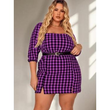 Imagem de Vestido Xadrez Plus Size Curto Manga 3/4 Modelador Ajustável Casual Fe