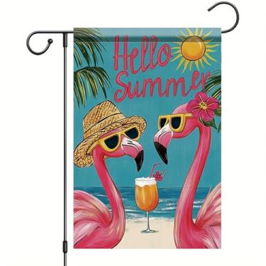 Imagem de Starlit Patio Hello Summer Flamingo Jardim Bandeira Praia Tropical Palmeiras Primavera Oceano Bandeiras 30 x 45 Dupla Face Havaiana Mar Praia Luau Yard Banner para Decoração de Festa ao Ar Livre