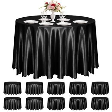 Imagem de KKJIAF Pacote com 10 toalhas de mesa redondas de cetim preto, 224 cm, sobreposição, toalha de mesa de jantar de cetim sedoso para decoração de banquetes de casamento, buffet, festas